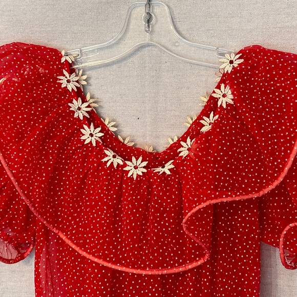 Vintage Red Sheer Polka-Dot Organza Flower Dress - Picture 3 of 5